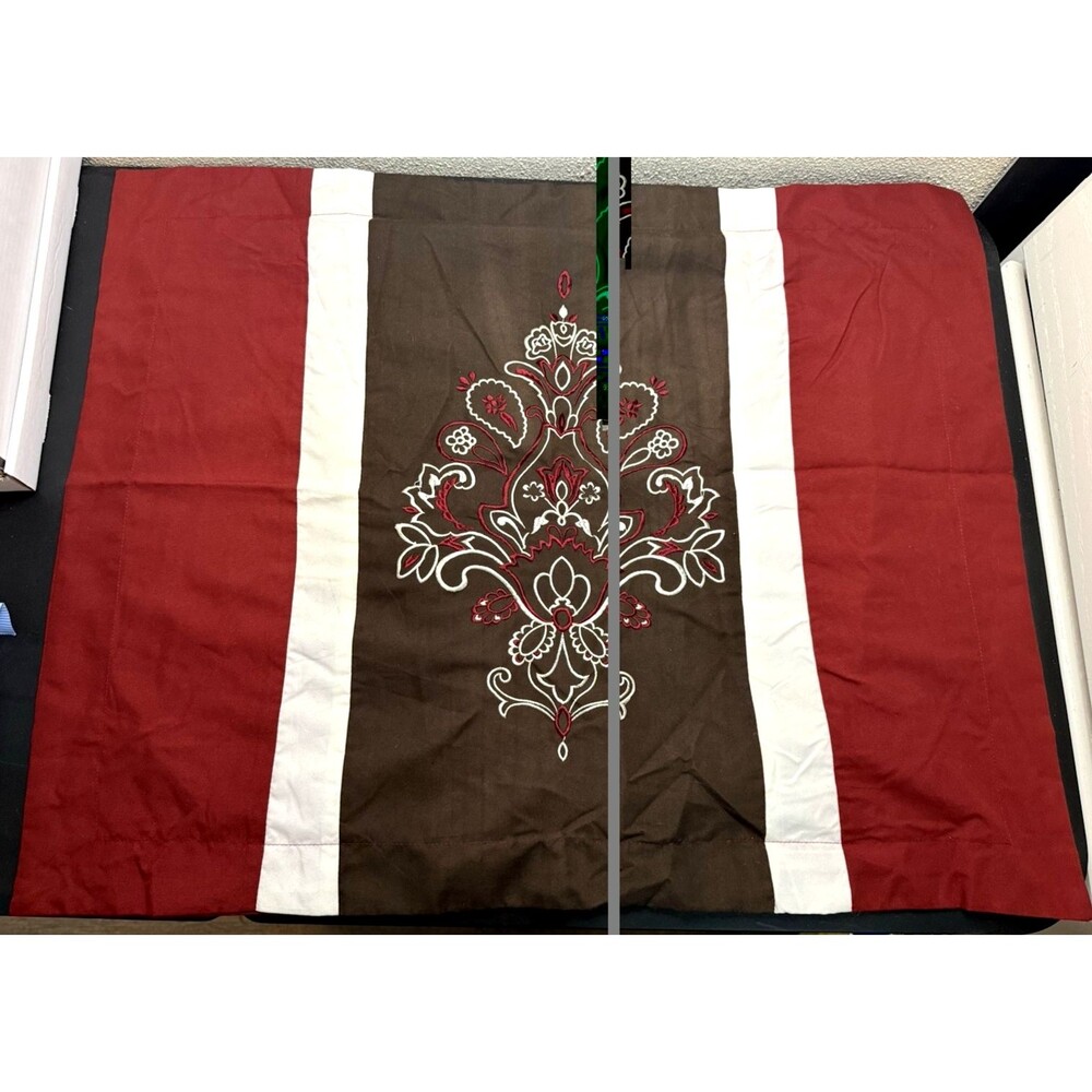 Pair (2) Brown Red White Embroidered Baroque-Style Damask Design Shams 32" x 25"